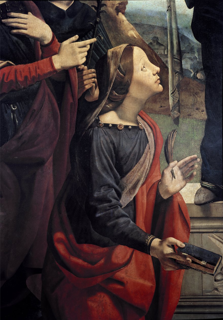 St. Katarina av Alexandria, detalj av Immaculee befruktning omgiven av 6 helgon. (Olja på duk, ca 1505) av Piero di Cosimo