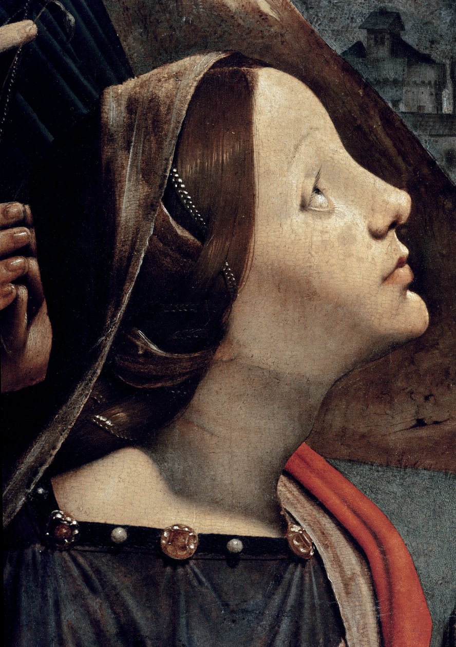 St. Katarina av Alexandria, detalj av Jungfru och Barn på tronen omgiven av helgon (olja och tempera på panel, cirka 1493) av Piero di Cosimo