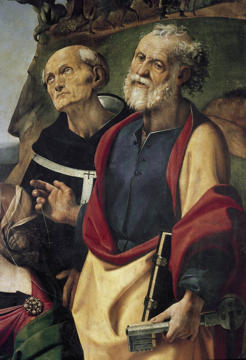 St. Peter och St. Philip Benizi, detalj av Jungfru och Barn på tronen omgiven av helgon (olja och tempera på panel, cirka 1493) av Piero di Cosimo