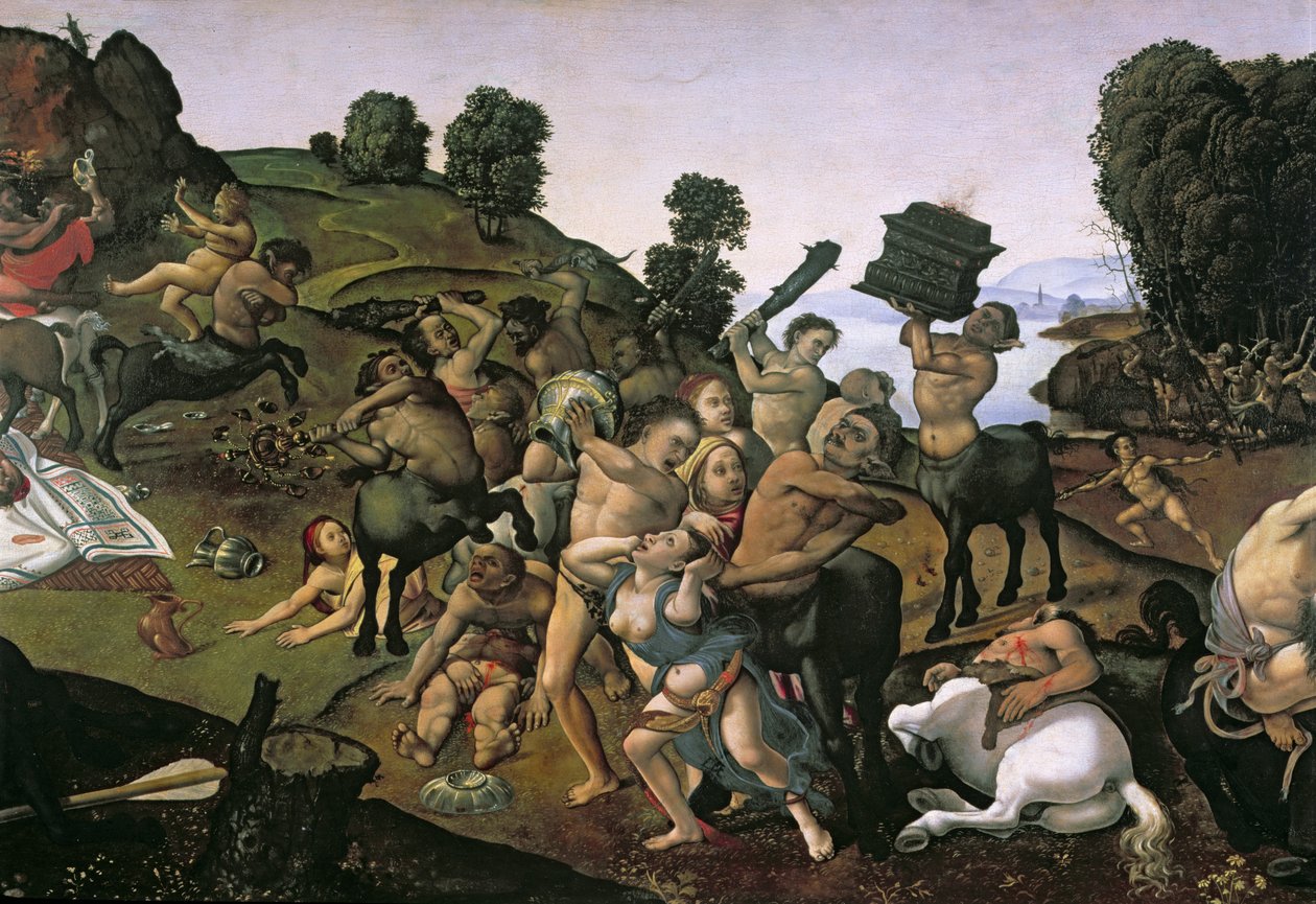 Kampen mellan lapiterna och kentaurerna, (detalj av kentaurer som attackerar lapiterna) c.1490-talet, (olja på trä) av Piero di Cosimo