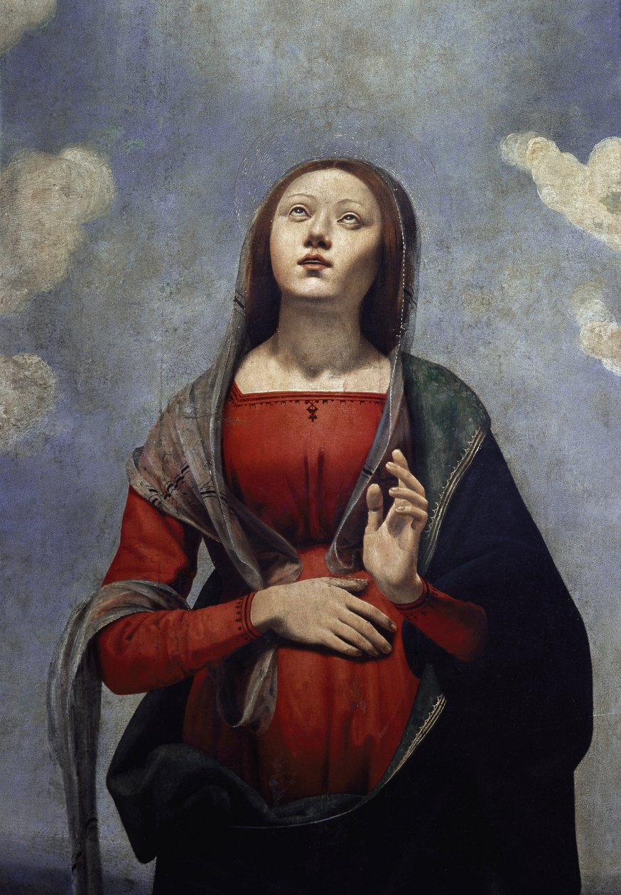 Jungfru Maria med den helige Andes duva över sig, omgiven av sex heliga. detalj (olja på duk, ca 1505) av Piero di Cosimo