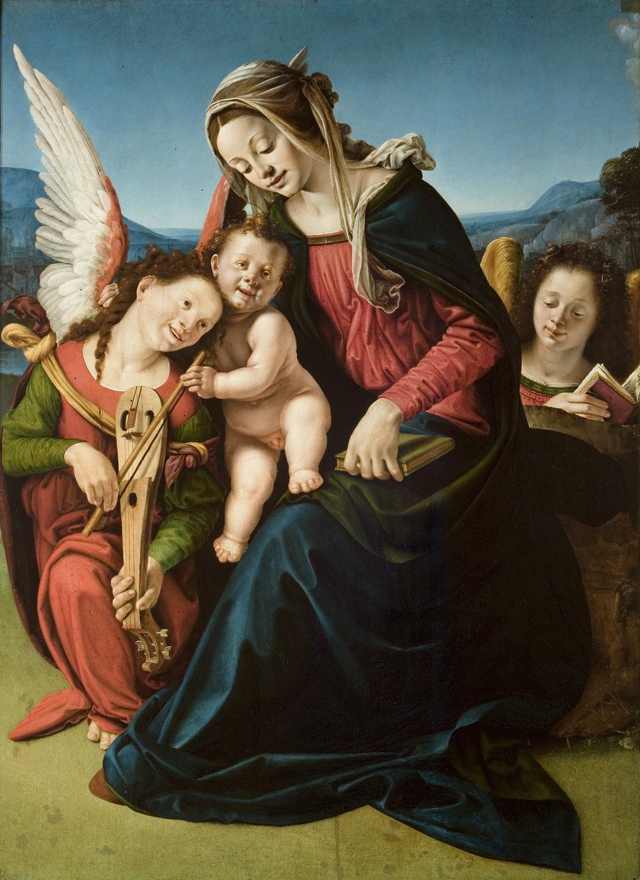 Jungfrun och barnet med två änglar, ca 1507 (olja på trä) av Piero di Cosimo