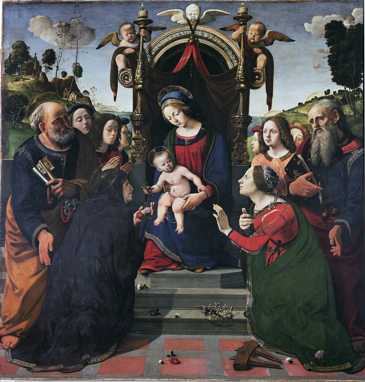 Jungfru och barn på tronen omgiven av helgon (olja och tempera på panel, cirka 1493) av Piero di Cosimo