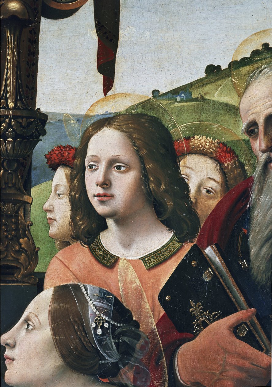 Jungfru och barn på tronen omgiven av helgon, detalj (olja och tempera på panel, cirka 1493) av Piero di Cosimo