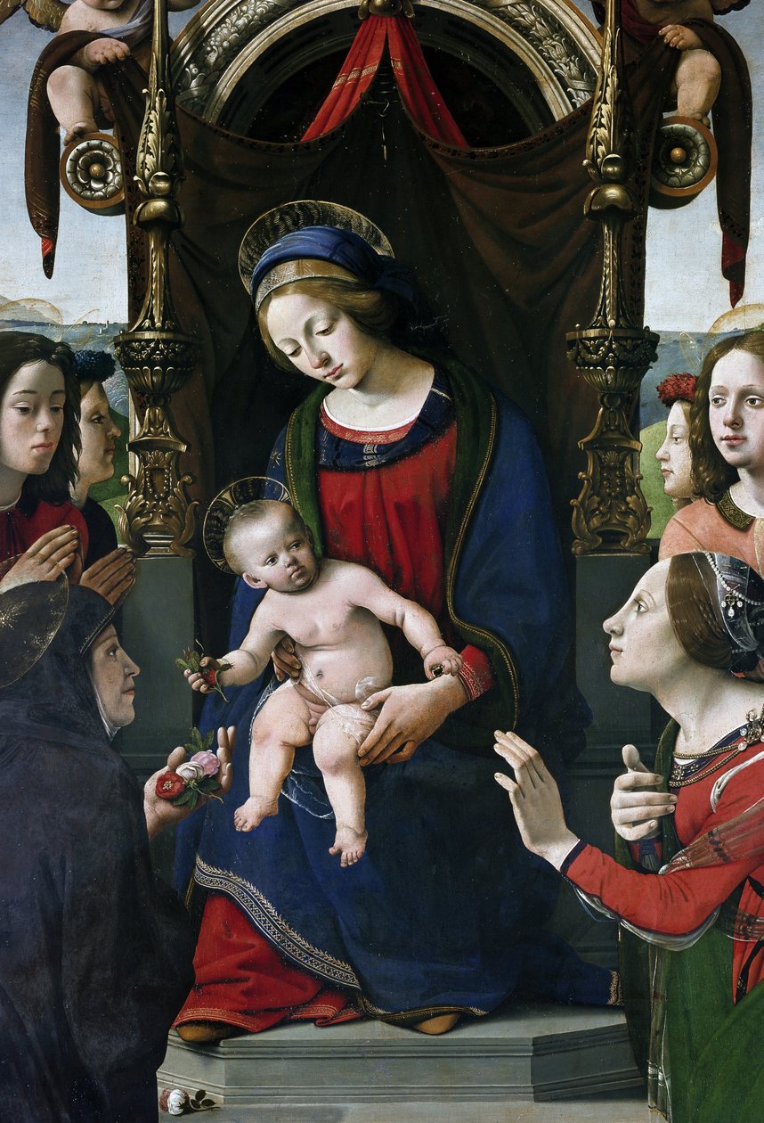 Jungfru och barn på tronen omgiven av helgon, detalj (olja och tempera på panel, cirka 1493) av Piero di Cosimo