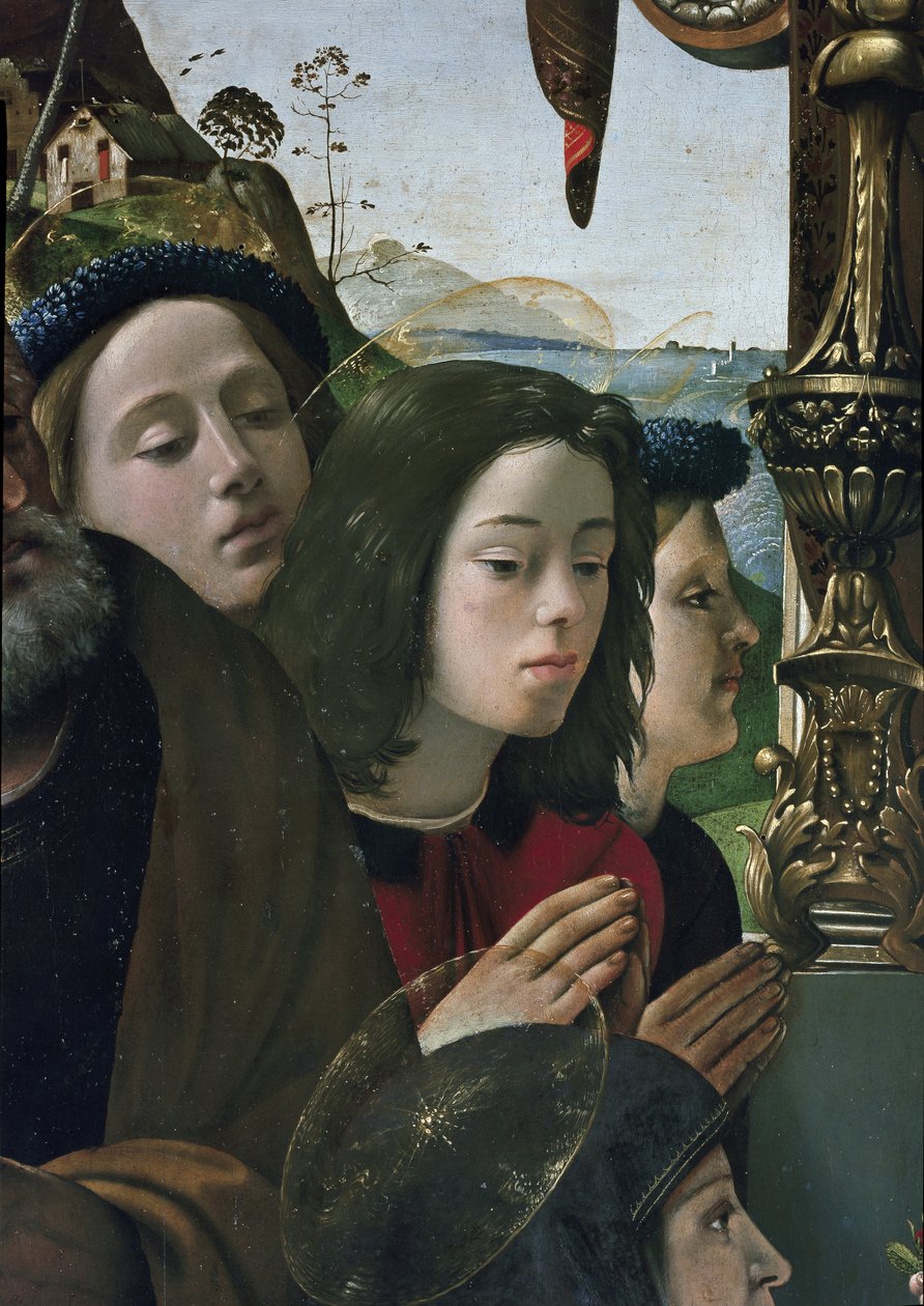Jungfru och barn på tronen omgiven av helgon, detalj (olja och tempera på panel, cirka 1493) av Piero di Cosimo