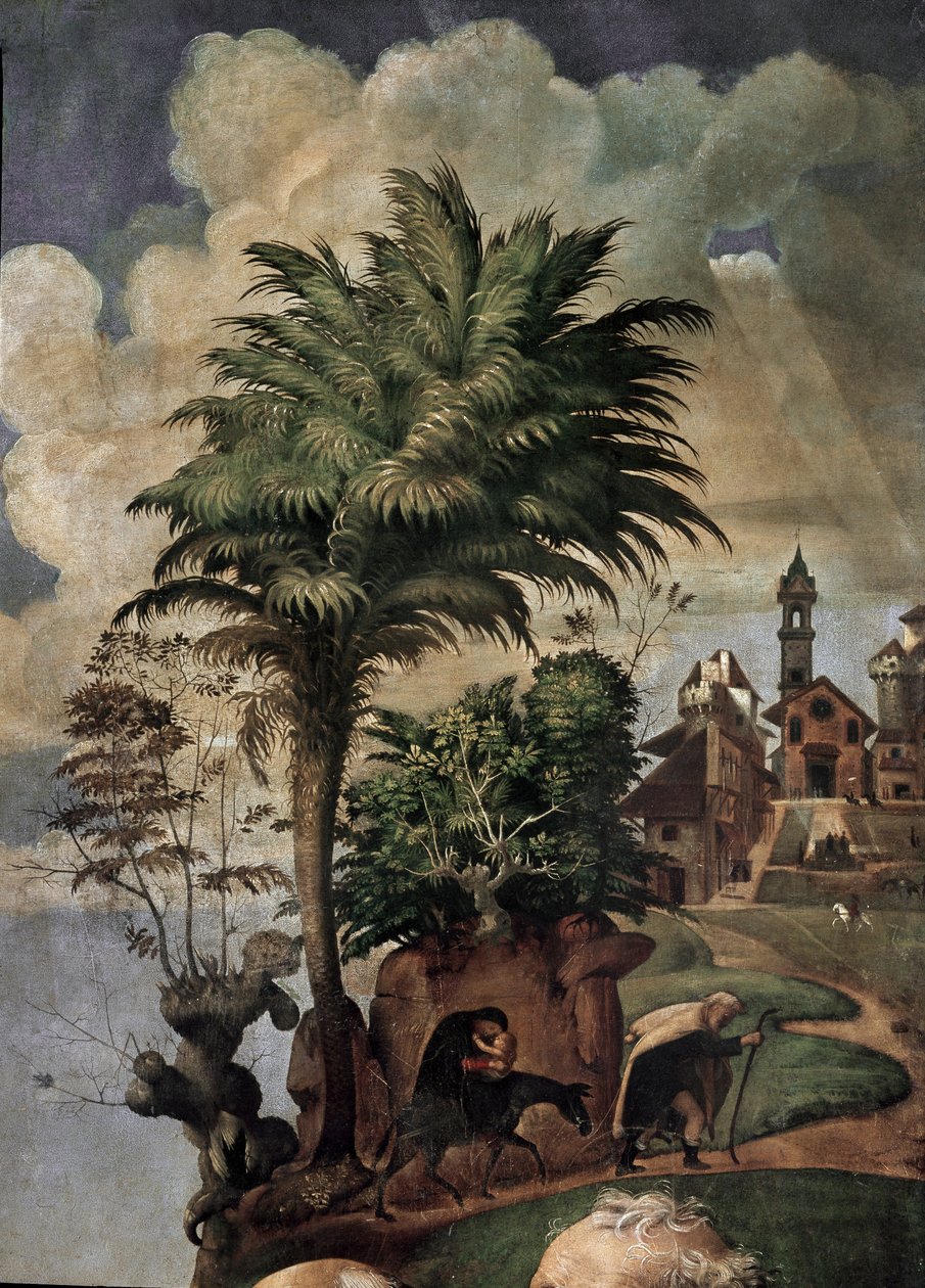 Jungfru och barn på tronen omgiven av helgon, detalj (olja och tempera på panel, cirka 1493) av Piero di Cosimo