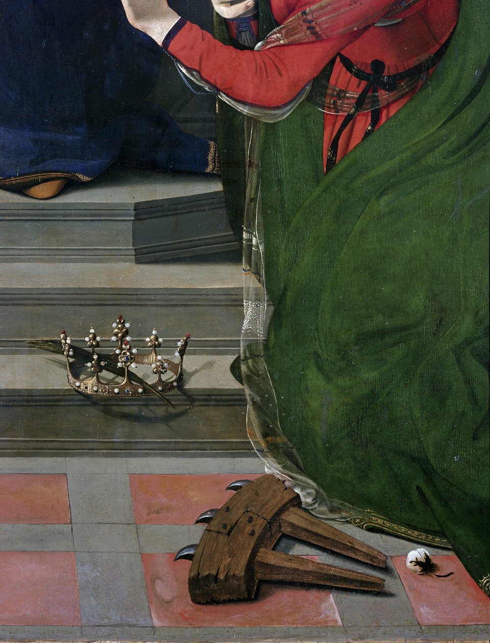 Jungfru och barn på tronen omgiven av helgon, detalj (olja och tempera på panel, cirka 1493) av Piero di Cosimo