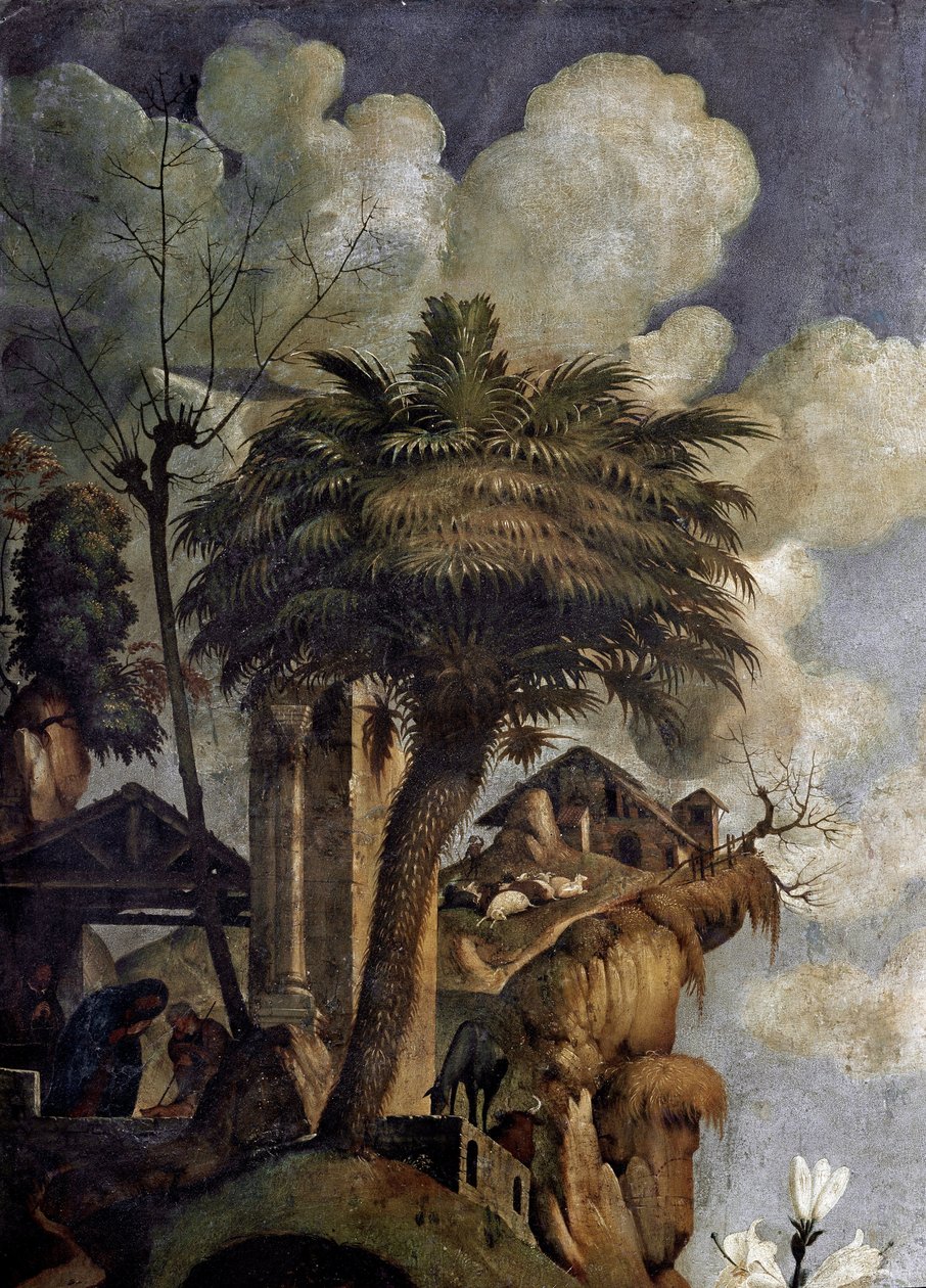 Jungfru och barn på tronen omgiven av helgon, detalj (olja och tempera på panel, cirka 1493) av Piero di Cosimo