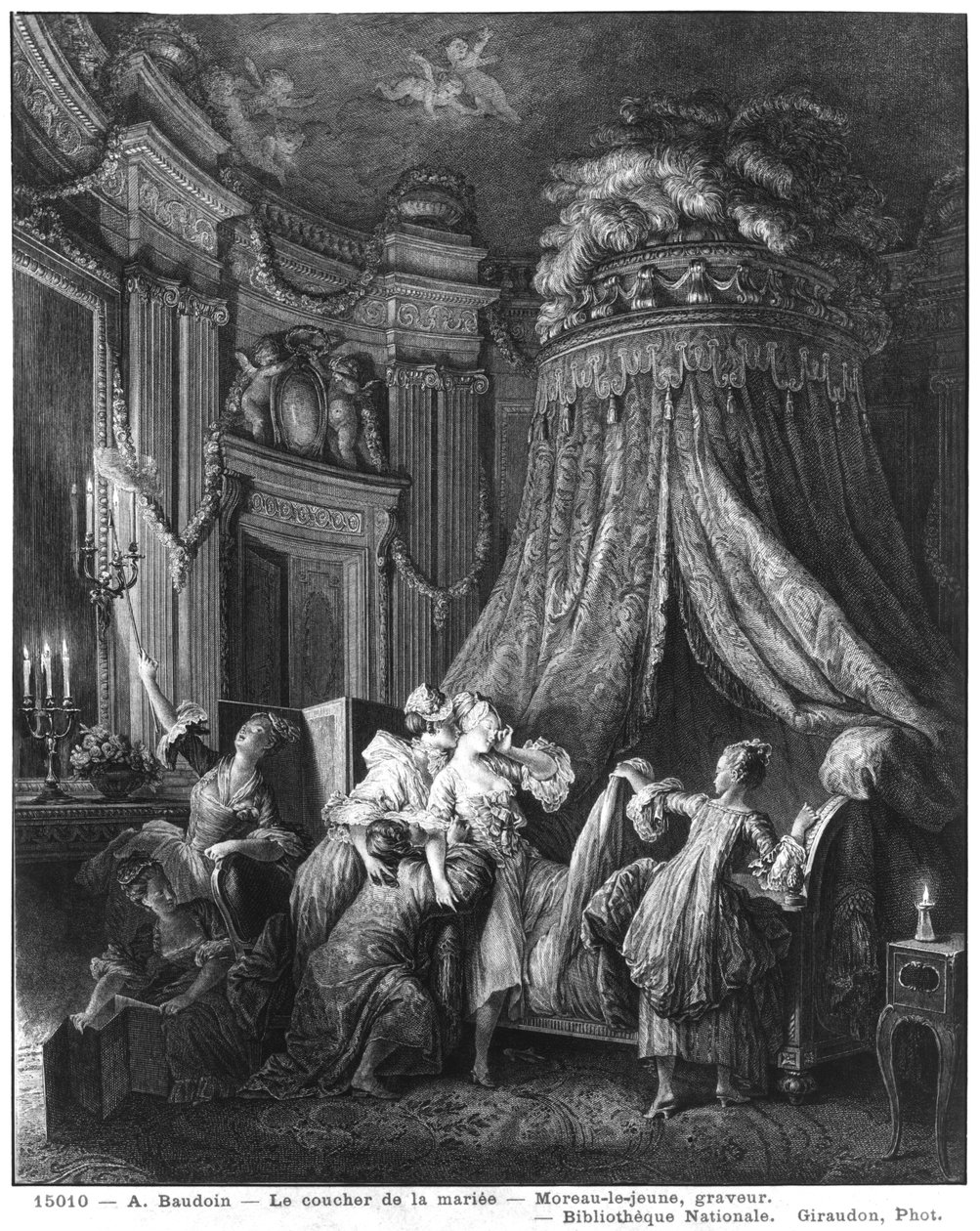 Brudens ceremoni för att gå till sängs, graverad av Jean-Michel Moreau, sa den unga (1741-1814) av Pierre Antoine Baudouin