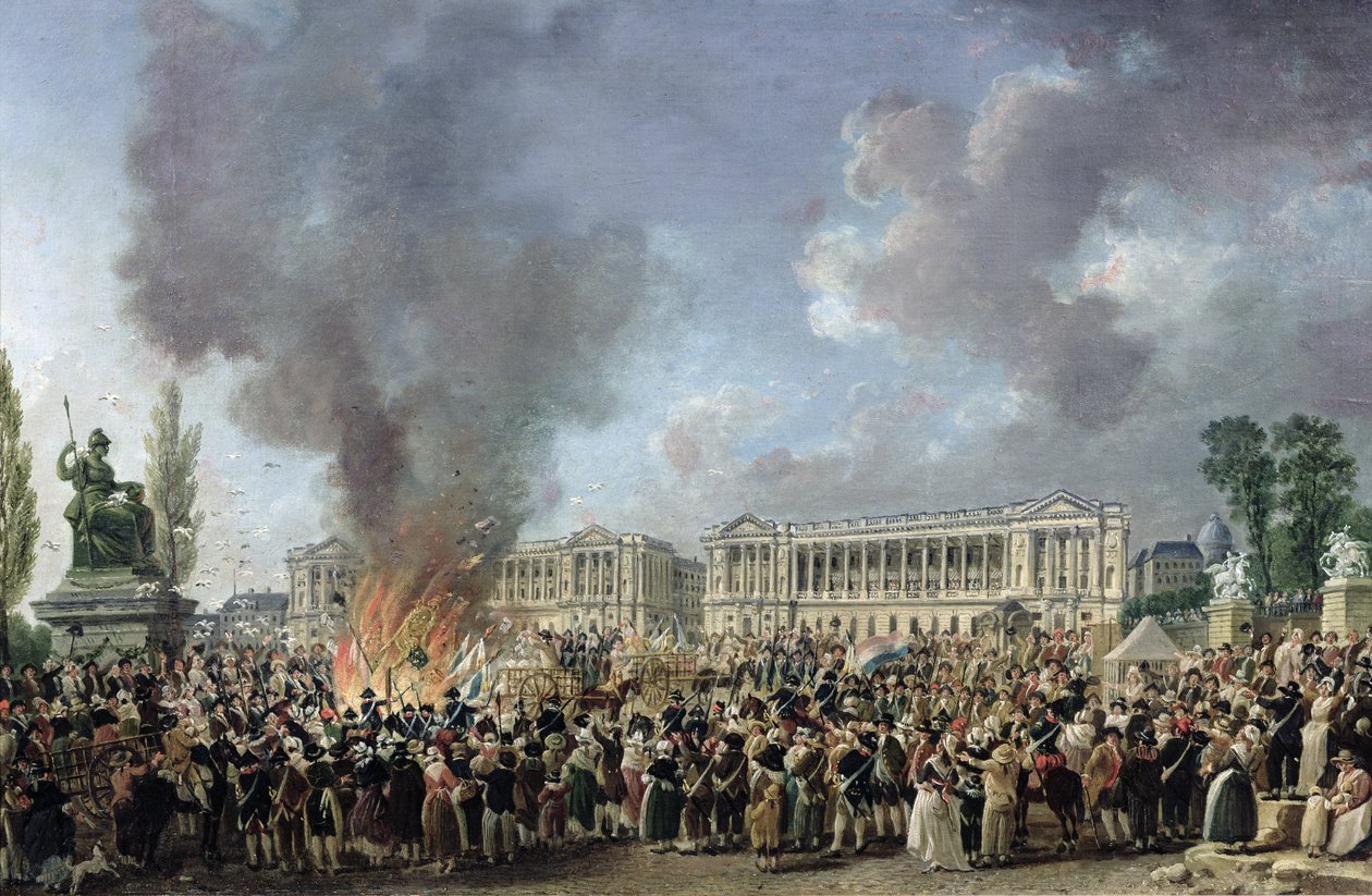 Firandet av enhet, förstörande av monarkins emblem, Place de la Concorde, 10 augusti 1793 av Pierre Antoine Demachy