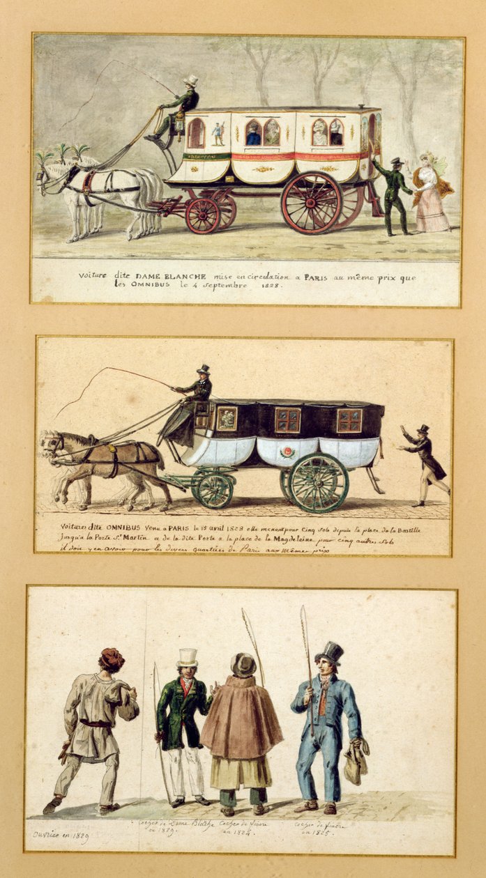 En Dame Blanche-vagn, en omnibus och förare, 1815-30 av Pierre Antoine Lesueur