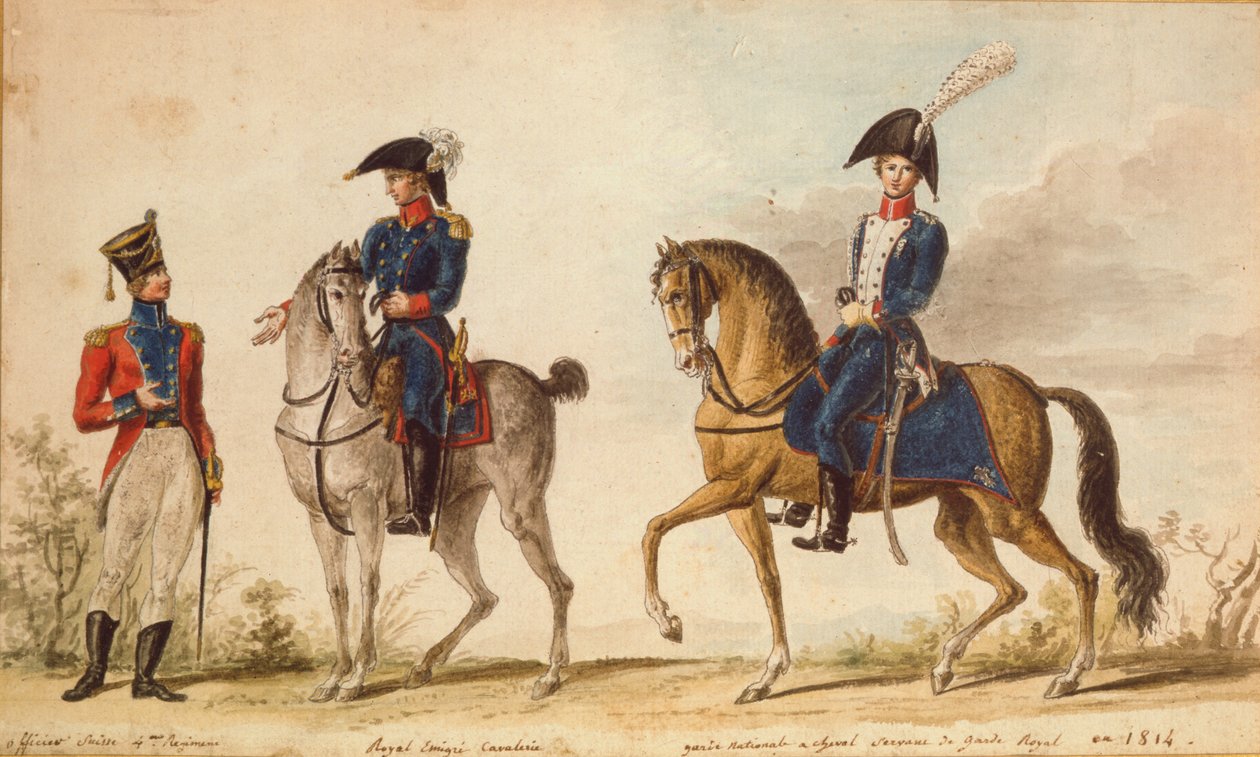 Schweizisk officer vid 4:e regementet, ryttare från Royal Emigre Cavalry och beridet nationalgarde, 1814 (gouache) av Pierre Antoine Lesueur