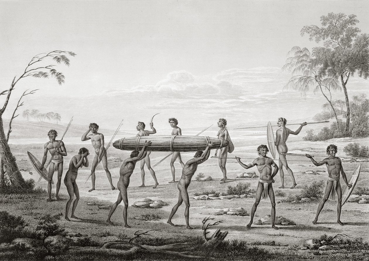 Port Jackson, New Holland: Aboriginal begravningsceremoni, från "Voyage Autour du Monde (1817-20)", av Louis Claude Desaulses de Freycinet (1779-1842) graverad av Lerouge och Villerey, publicerad 1822-24 ( av Pierre Antoine Marchais