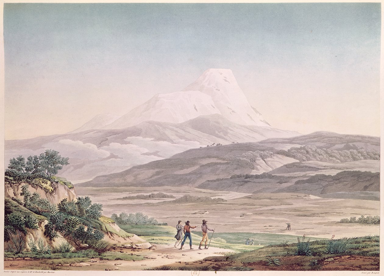 Vy över Cajambe, från "Voyages aux Regions Equinoxiales du Nouveau Continent" av Alexander de Humboldt (1769-1859) graverad av Michel Bouquet (1807-90) publicerad 1814 av Pierre Antoine Marchais