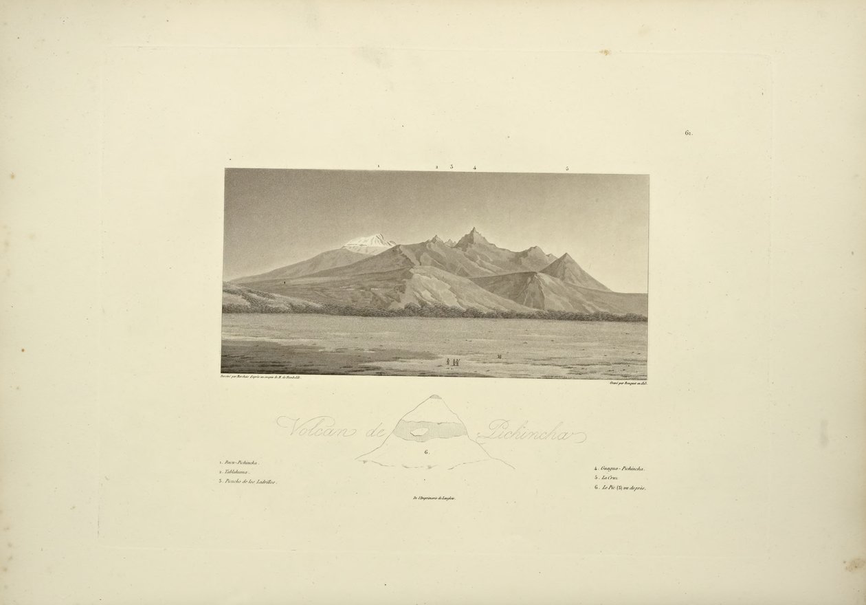 Volcanoes of Pichincha, graverad av Bouquet, illustration från "Views of the Cordilleras and Monuments of the Native Peoples of America" ​​av Alexander von Humboldt och Aime Bonpland, 1813 av Pierre Antoine Marchais