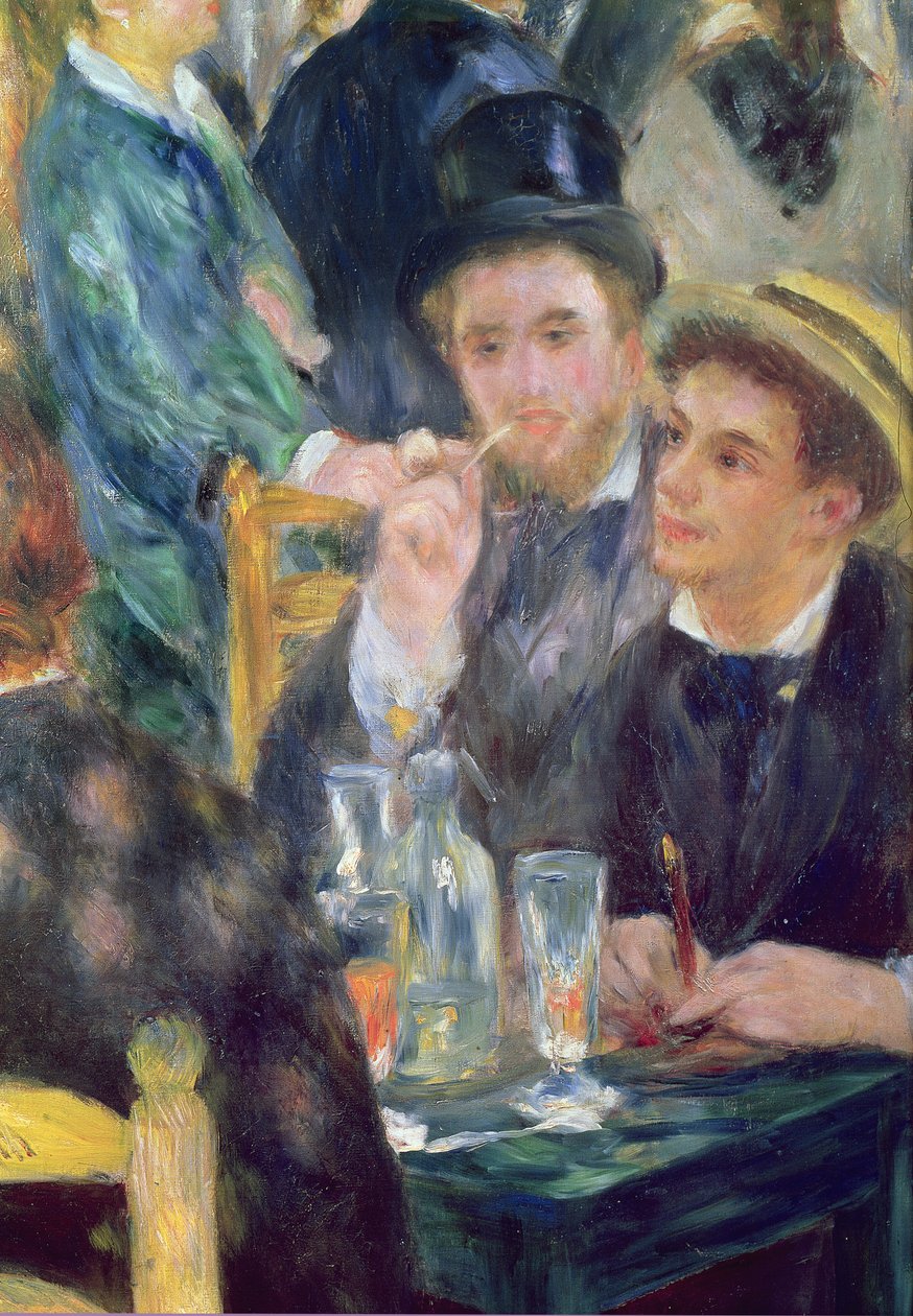 Bal på Moulin de la Galette, detalj av två sittande män, 1876 olja på duk av Pierre Auguste Renoir
