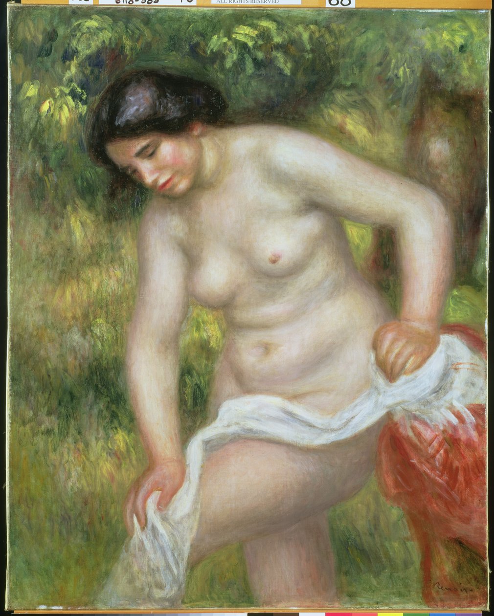 Badaren torkar sig själv med en vit trasa av Pierre Auguste Renoir