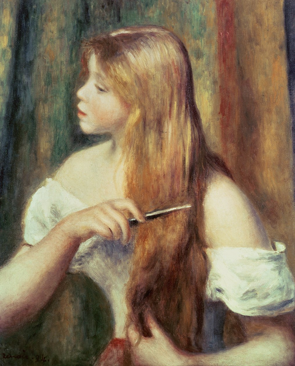 Blond flicka som kammar håret, 1894 av Pierre Auguste Renoir