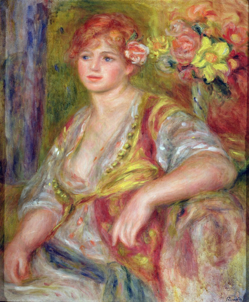 Blond kvinna med en ros, ca 1915-17 av Pierre Auguste Renoir