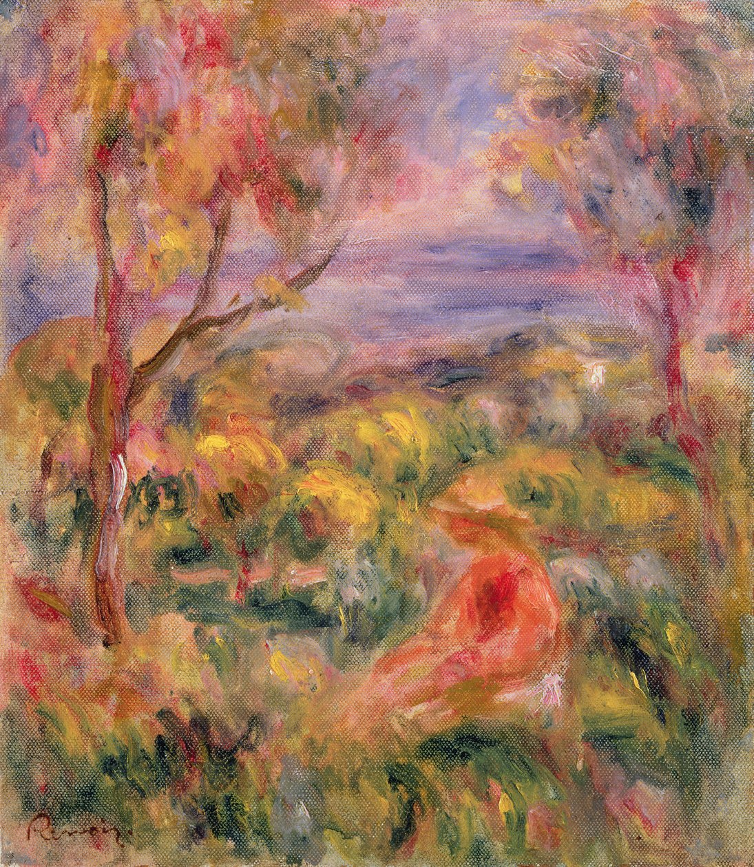 Flicka och två träd i ett landskap, 1917 av Pierre Auguste Renoir