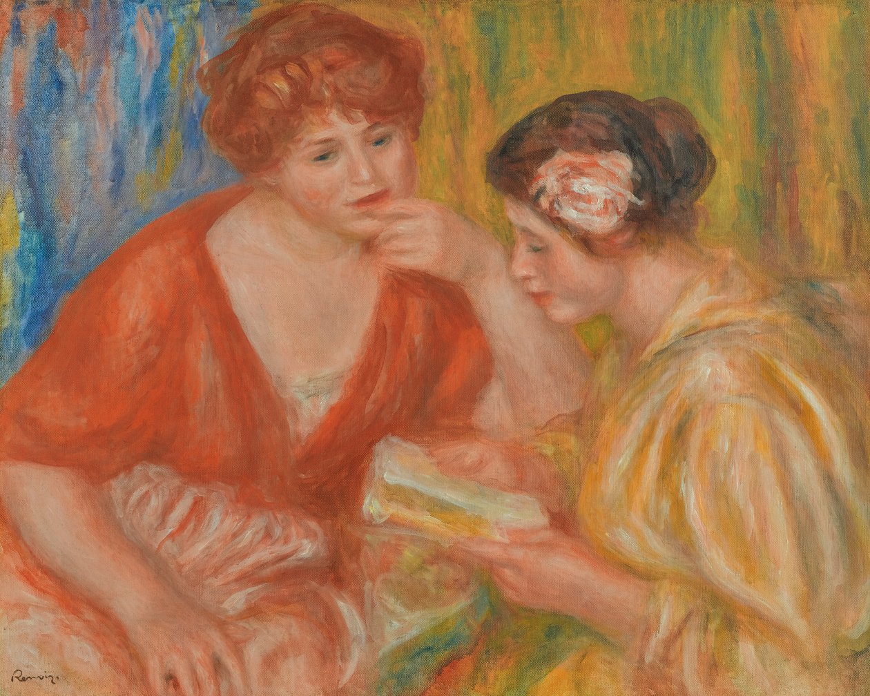 LÄSNING, TVÅ KVINNOR MED RÖDA OCH ROSA KROPPAR av Pierre Auguste Renoir