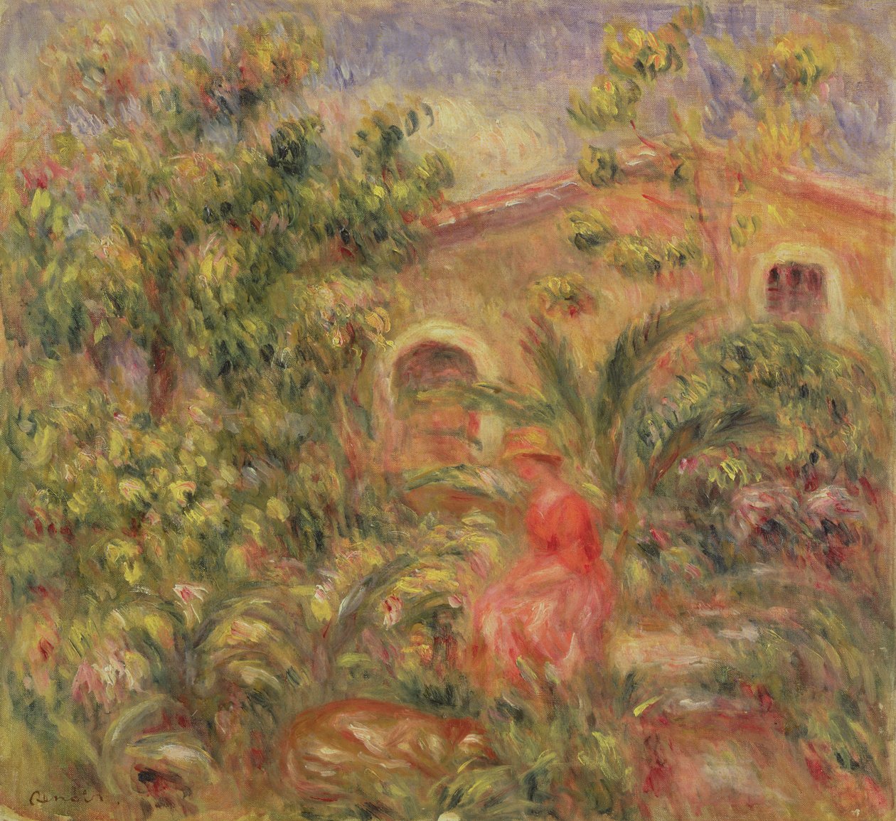 Landskap med kvinna och hund, 1917 av Pierre Auguste Renoir