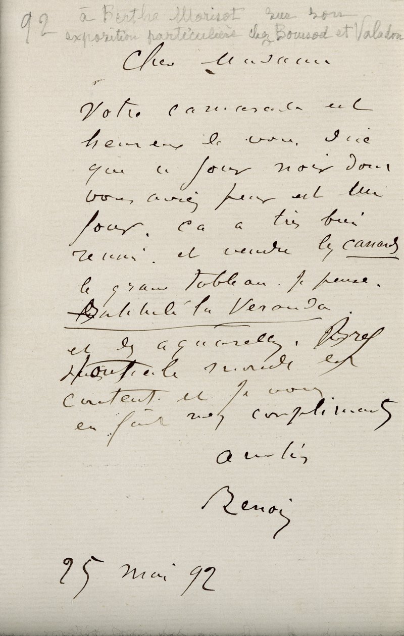 Brev från Renoir till Berthe Morisot (1841-95) angående hennes första utställning, 25 maj 1892 av Pierre Auguste Renoir