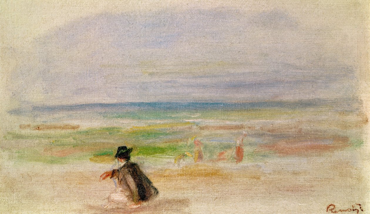 Man i svart sitter på stranden av Pierre Auguste Renoir