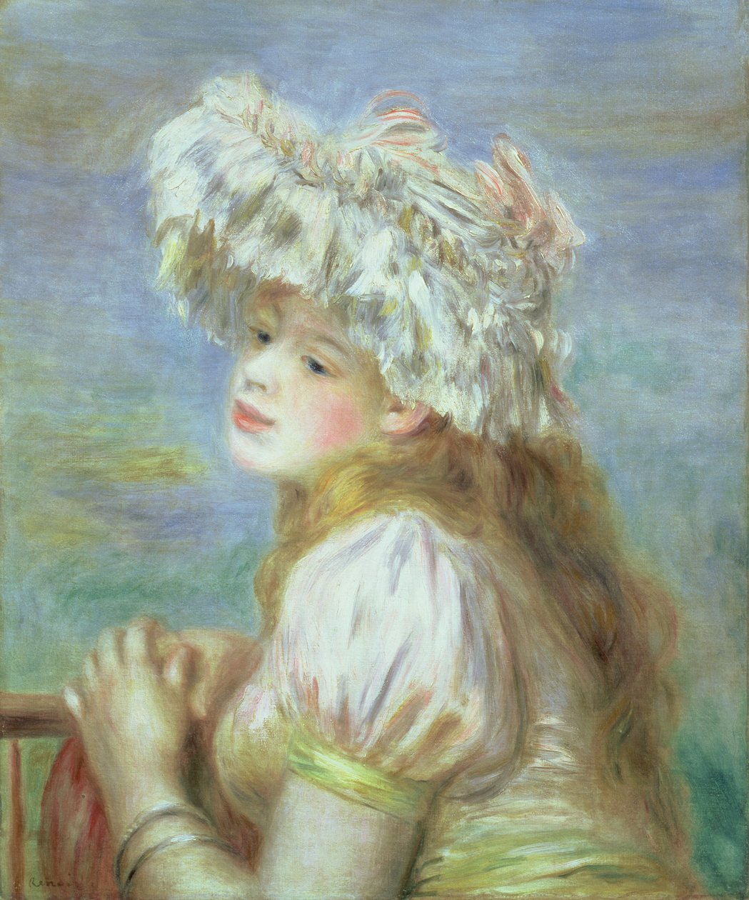 Porträtt av en ung kvinna i spetshatt, 1891 av Pierre Auguste Renoir