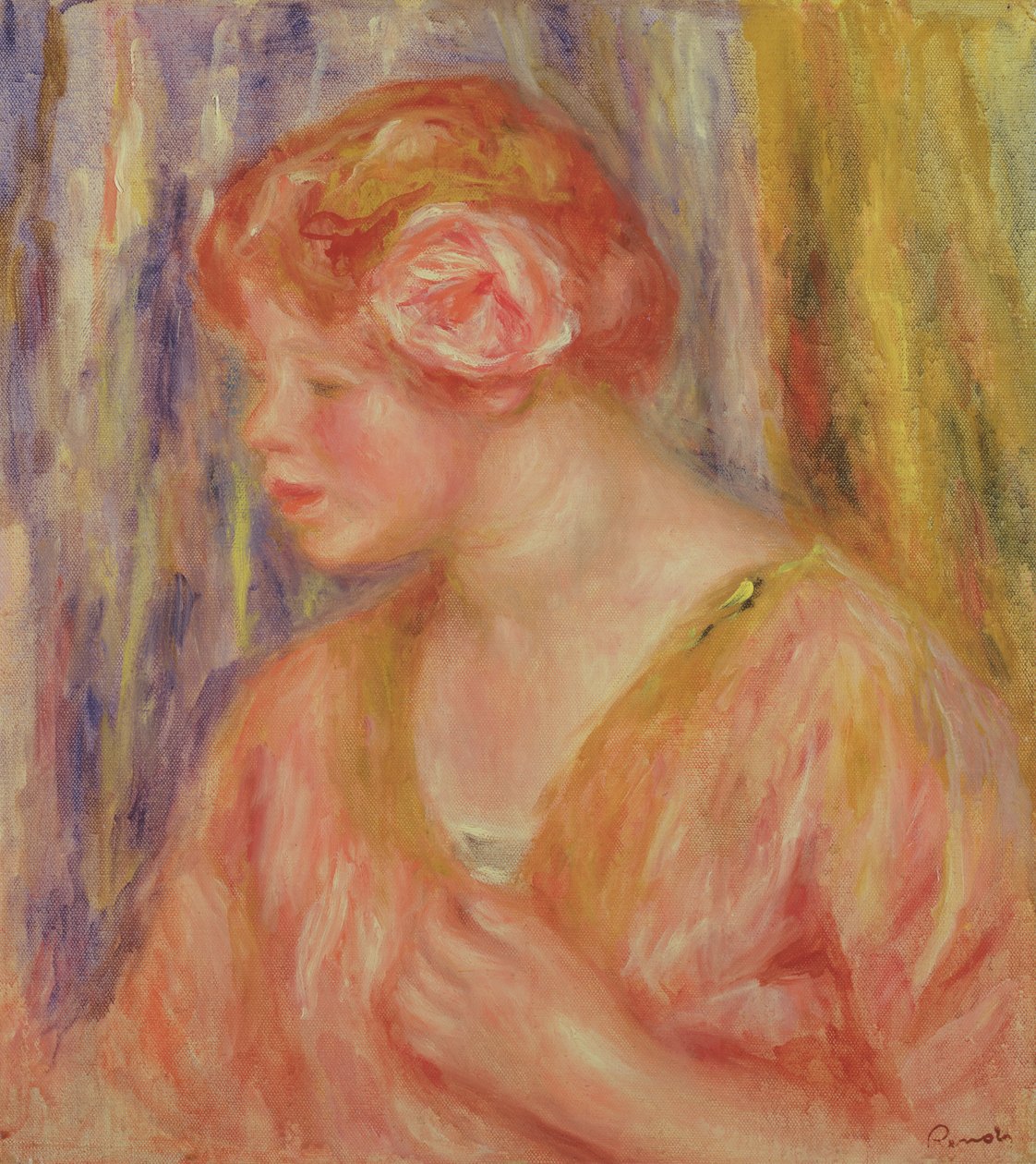 Rödhövdad kvinna med rosor i håret av Pierre Auguste Renoir