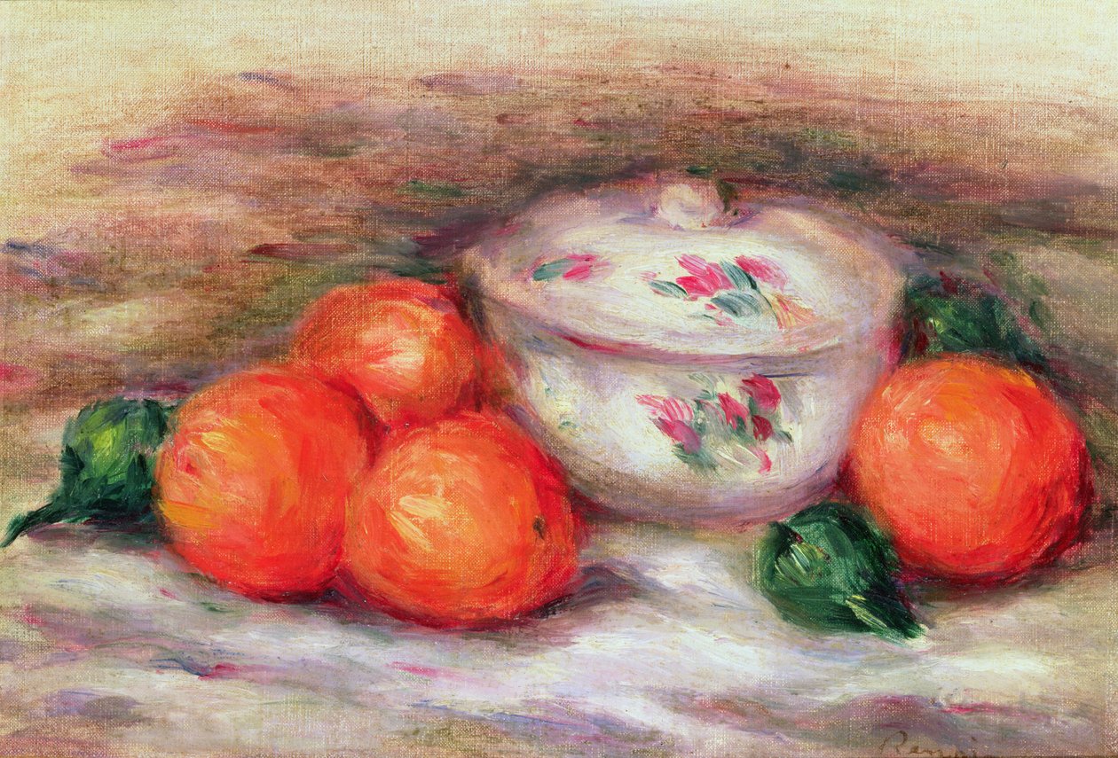 Stilleben med täckt fat och apelsiner av Pierre Auguste Renoir