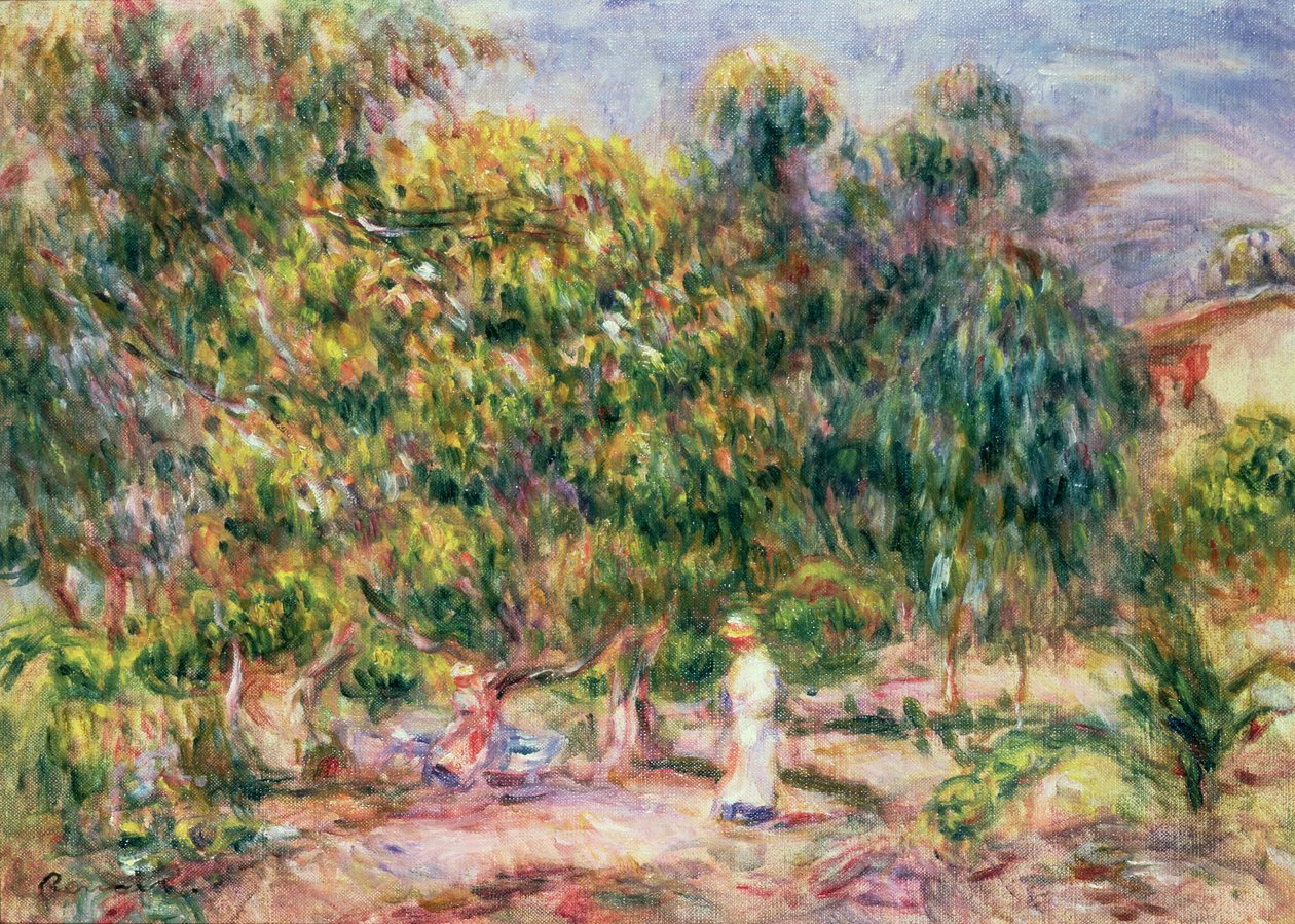 Kvinnan i vitt i Les Colettes trädgård, 1915 av Pierre Auguste Renoir