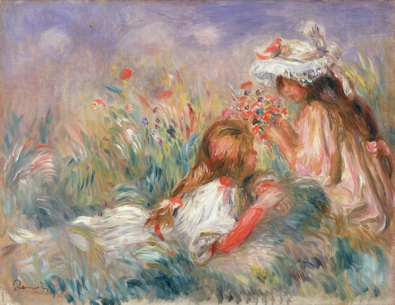 Två barn som sitter bland blommor, 1900 av Pierre Auguste Renoir