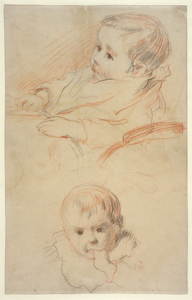 Två studier av ett litet barn, 1875-80 (svart och röd krita på gulaktigt papper) av Pierre Auguste Renoir