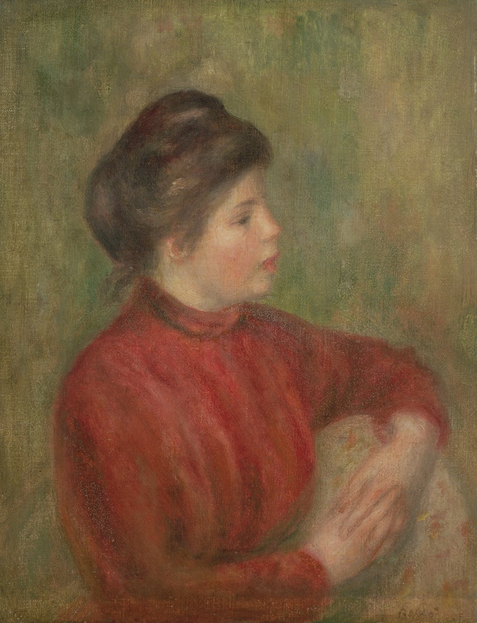 Kvinna som lutar händerna på stolen, 1891 av Pierre Auguste Renoir