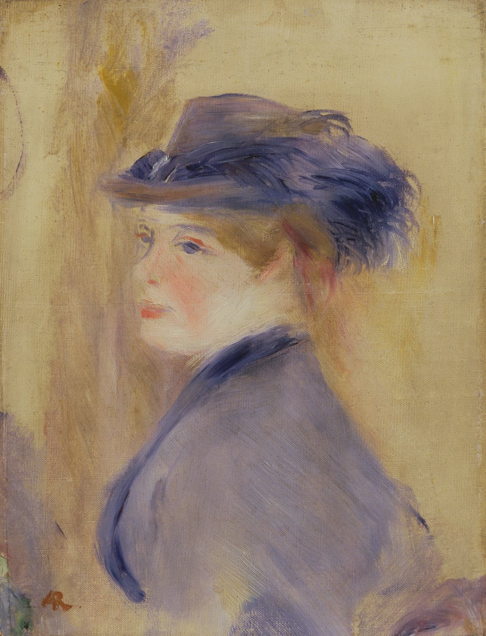 Kvinna i blått med en plymerad hatt, ca 1875 av Pierre Auguste Renoir