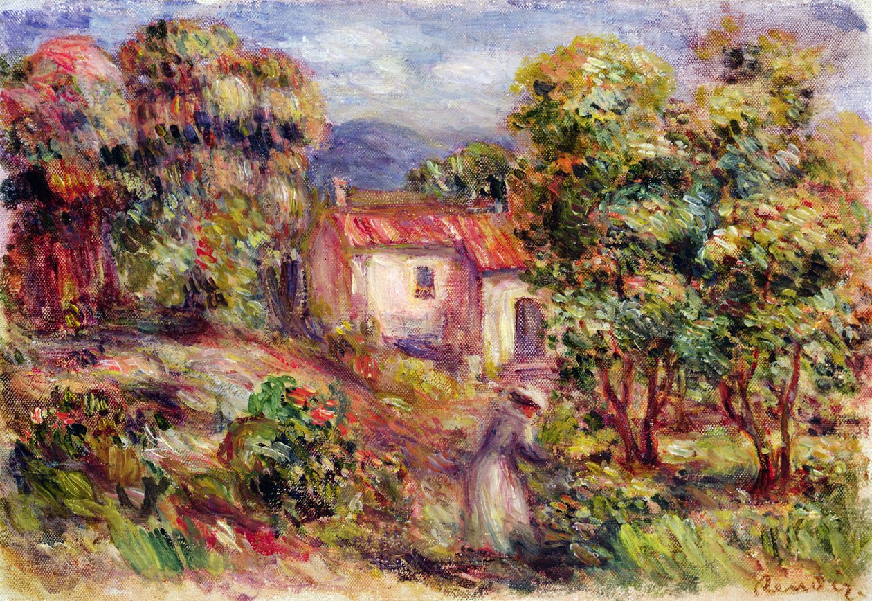 Kvinna som plockar blommor i trädgården Les Colettes i Cagnes, 1912 av Pierre Auguste Renoir