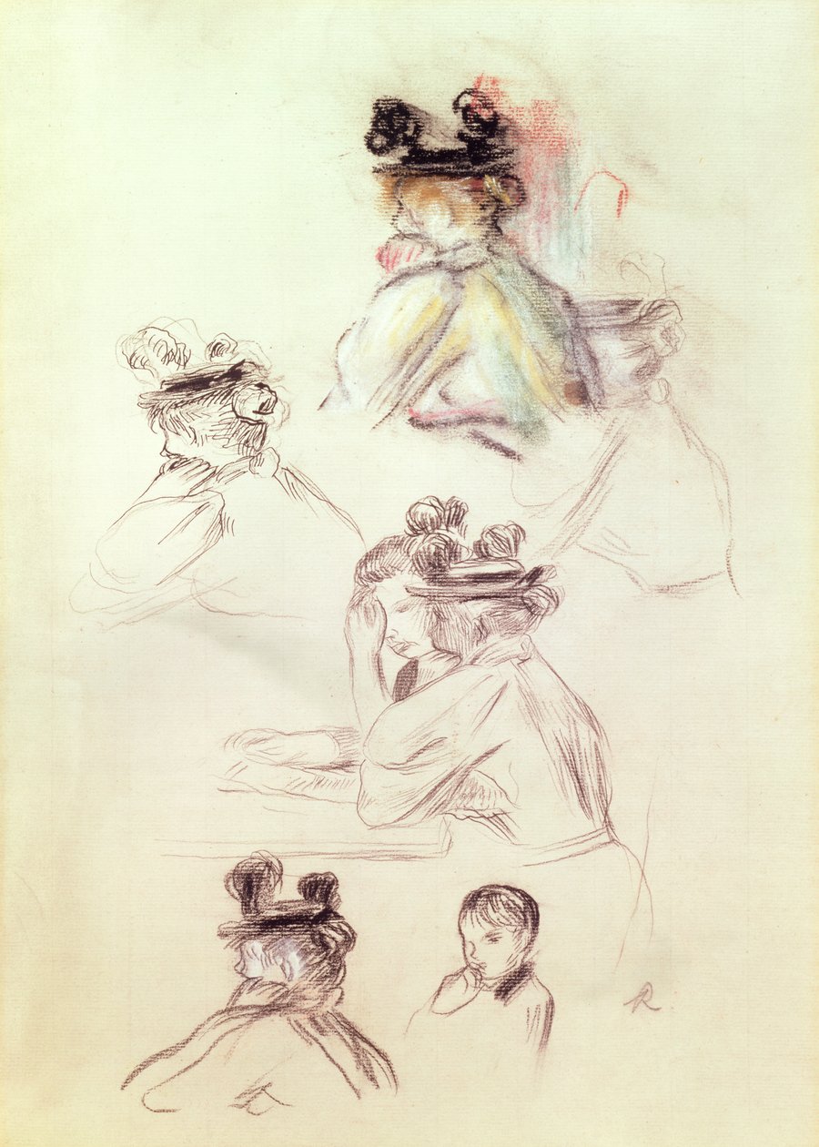 Arbetsblad med sju figurer (kol, bläck och pastell på papper) av Pierre Auguste Renoir