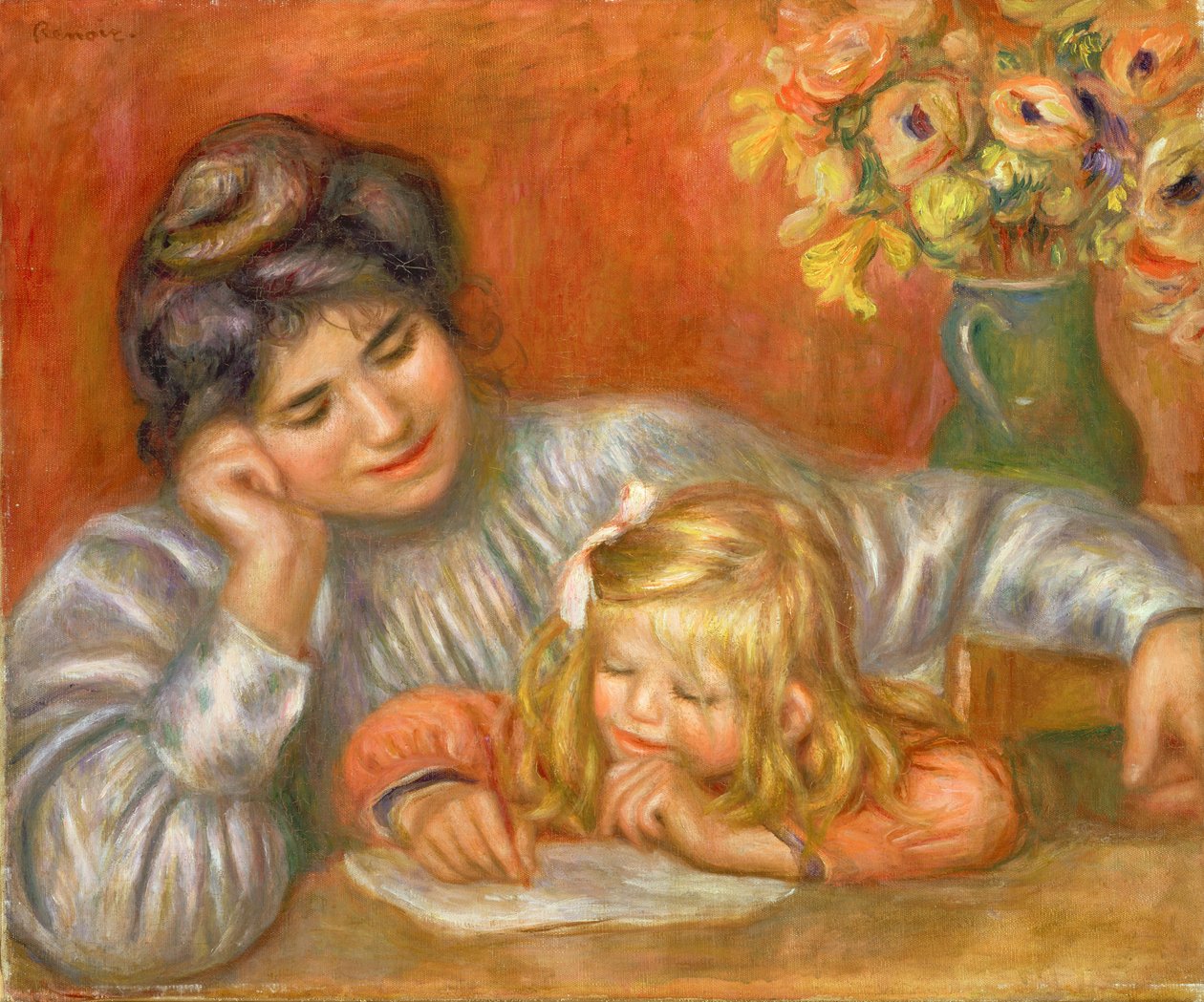 Skrivlektion (Gabrielle och Claude), 1905 av Pierre Auguste Renoir