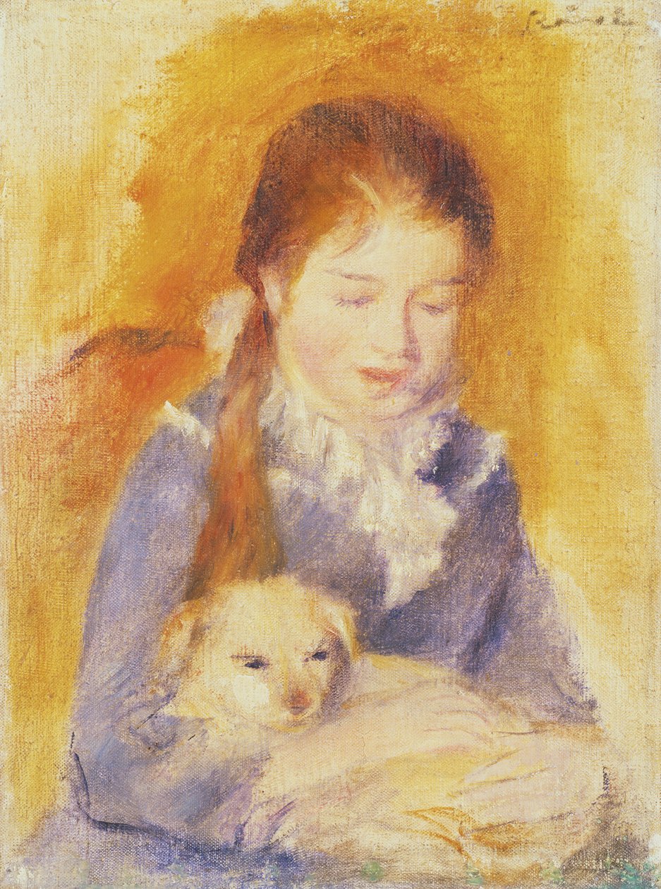 Ung flicka med hund, ca 1875 av Pierre Auguste Renoir