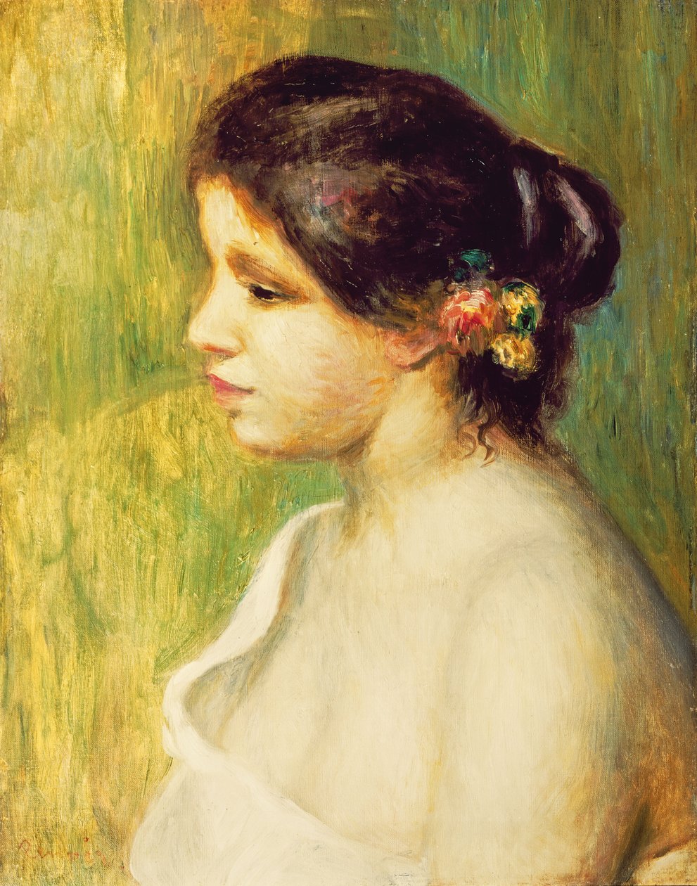 Ung kvinna med blommor vid örat, 1898 av Pierre Auguste Renoir