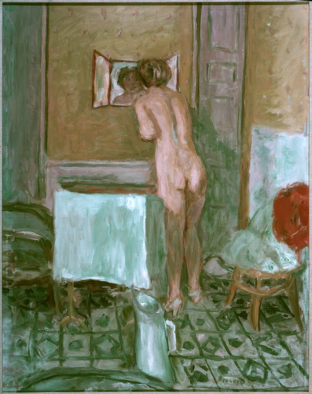 Naken med röd duk eller Naken med toalett av Pierre Bonnard