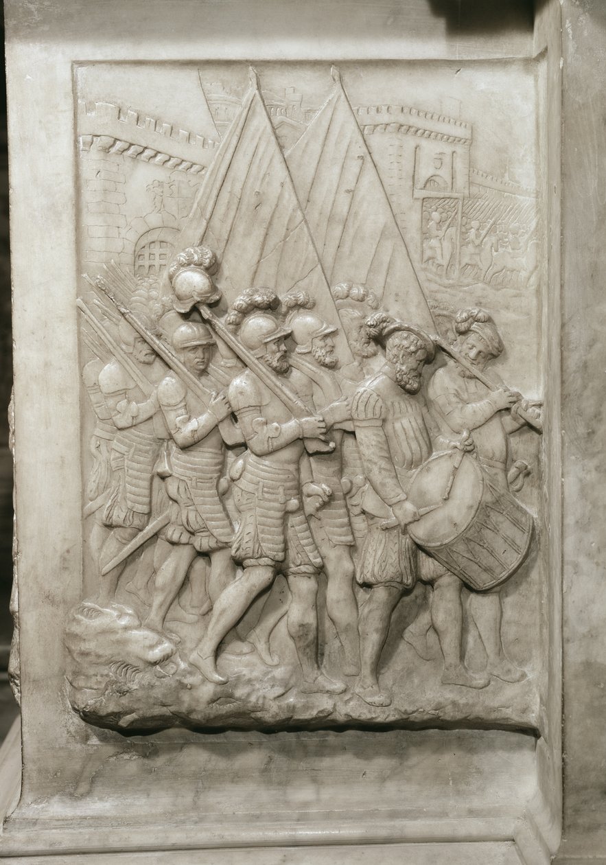 Francois I:s grav 1494-1547 och hans fru, Claude av Frankrike, detalj av soldater ledda av en trummis, beställd i 1548 marmor av Pierre Bontemps