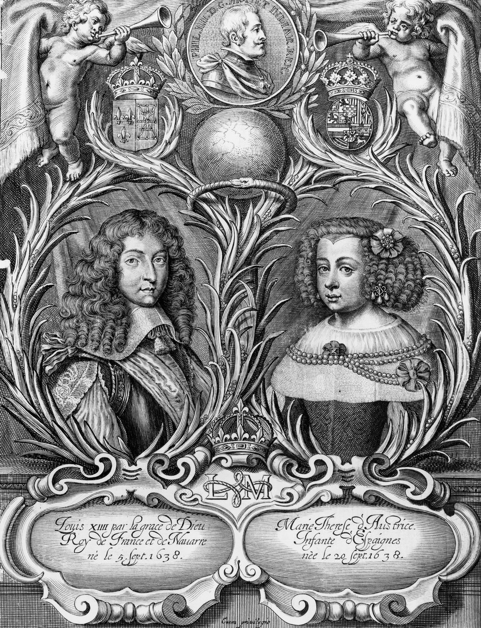 Louis XIV (1638-1715), konge af Frankrig og Marie-Therese (1638-83) af Østrig, graveret af Pieter II de Jode (1606-s.1674), 1660 swed av Pierre Cocus