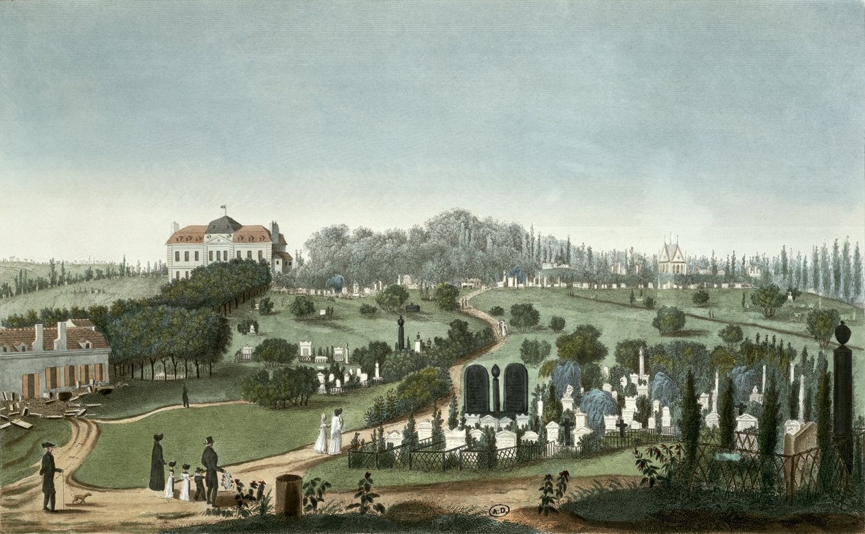 Utsikt över Pere Lachaise-kyrkogården från entrén, 1815 (färggravyr) av Pierre Courvoisier