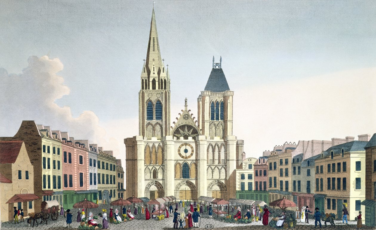 Vy över fasaden på kyrkan Saint-Denis i närheten av Paris, ca 1820 (färggravyr) av Pierre Courvoisier