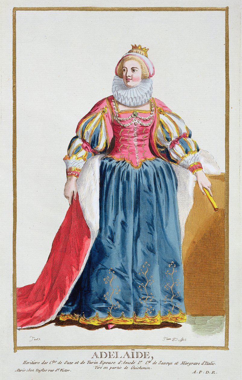 Adelaide, från "Receuil des Estampes, representant les Rangs et les Dignites, suivant le Costume de toutes les Nations existantes", publicerad 1780 (handkolorerad gravyr). av Pierre Duflos
