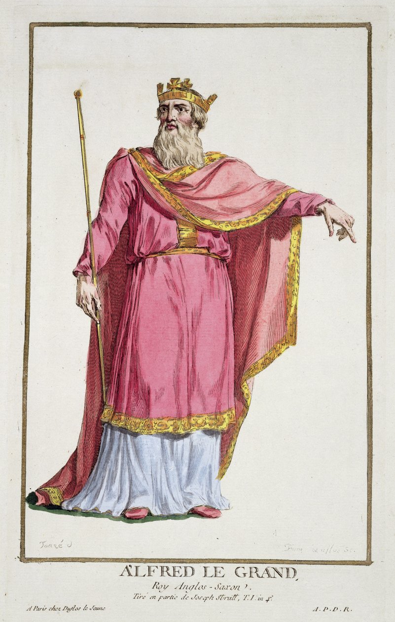 Alfred den store (849-99) från "Receuil des Estampes, representant les Rangs et les Dignites, suivant le Costume de toutes les Nations existantes", publicerad 1780 (handkolorerad gravyr). av Pierre Duflos