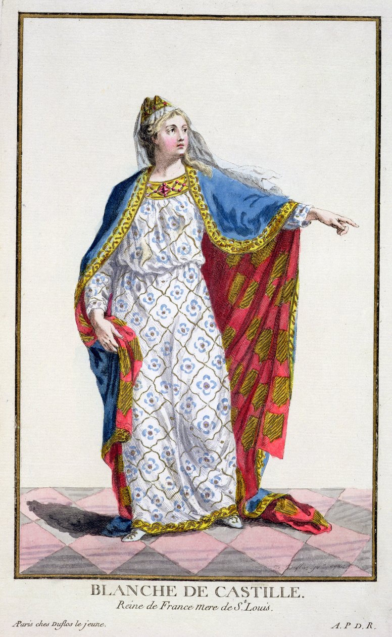 Blanche de Castile (118588-1252) drottning av Frankrike från "Receuil des Estampes, representant les Rangs et les Dignites, suivant le Costume de toutes les Nations existantes", publicerad 1780 (handkolorering). av Pierre Duflos